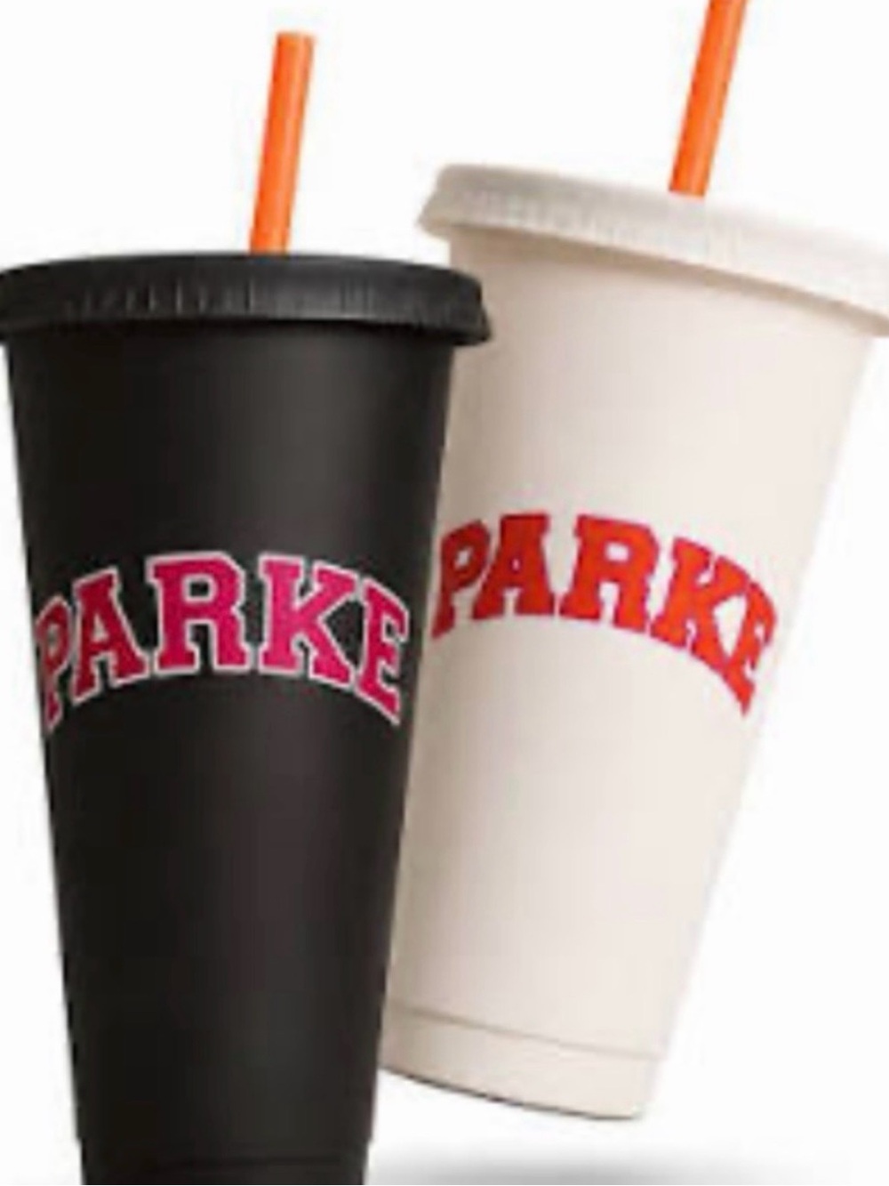 Parke Embroidered Tumbler Cup in Brown with pink letters and Orange Straw